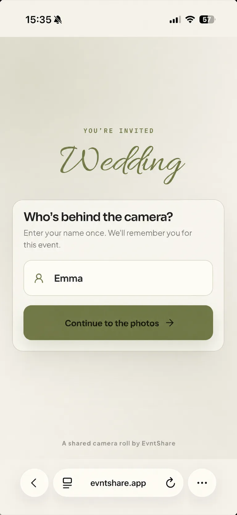 EvntShare wedding arrival screen