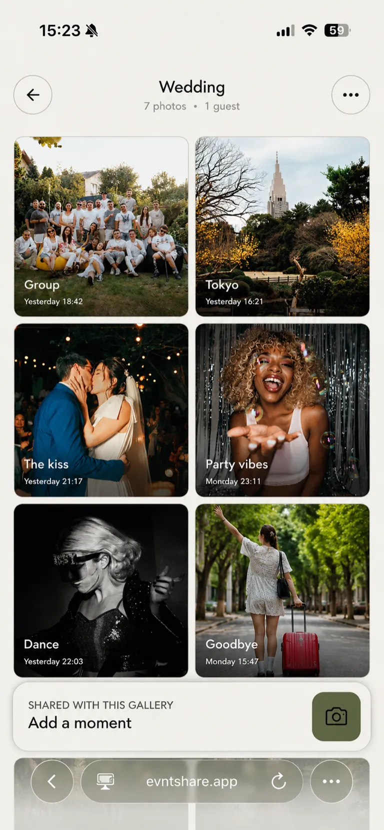 A live EvntShare wedding gallery filled with guest photos