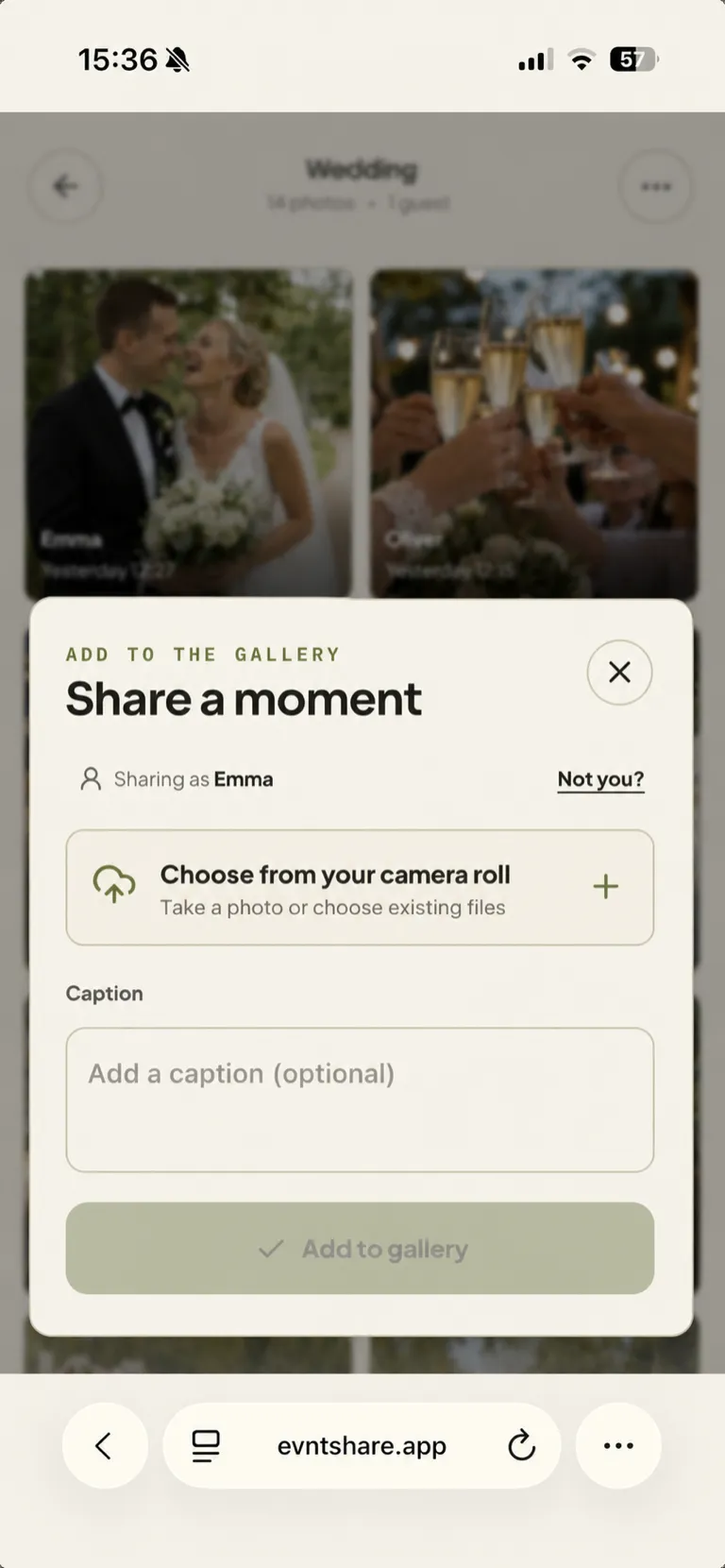 EvntShare wedding upload screen